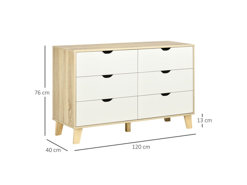  Commode à 6 tiroirs avec poignées en bois sculpté, 120 x 40 x 76 cm, blanc et chêne  - Conforama E