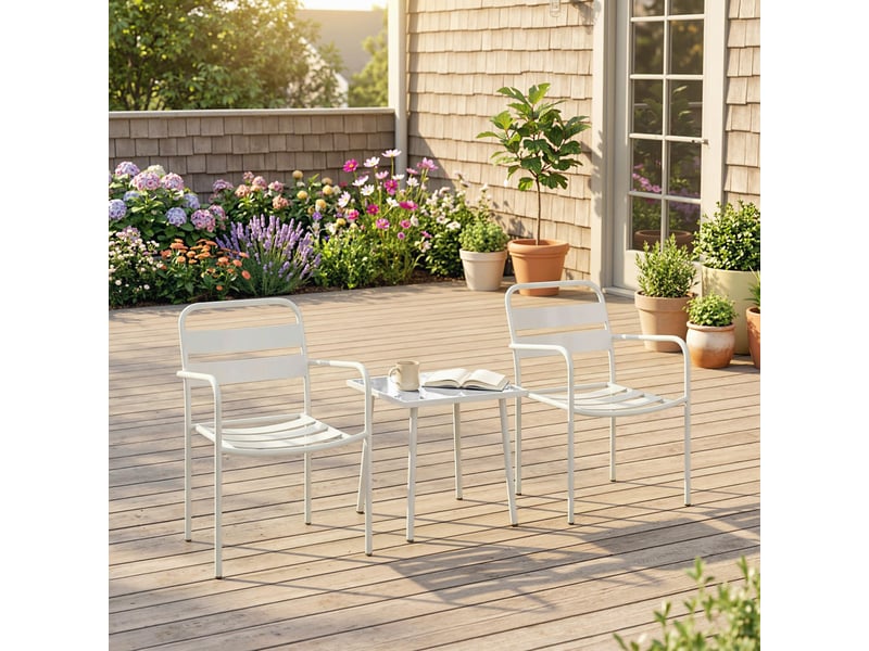  Ensemble bistro 3 pièces : table en verre et 2 chaises, mobilier d'extérieur blanc.  - Conforama D