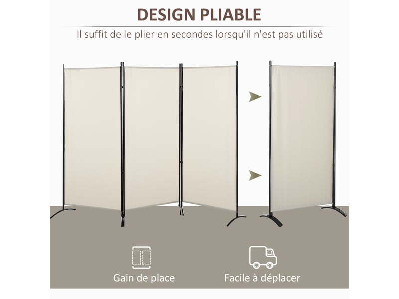  Paravent 3 panneaux dim. 2,53l x 0,5l x 1,82h m store latéral brise-vue paravent sur pied métal séparateur polyester  - Conforama D