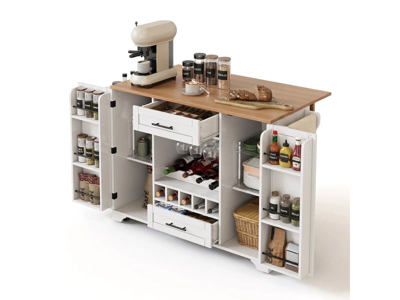  Îlot de cuisine sur roulettes, desserte blanche avec plan de travail rabattable  - Conforama A