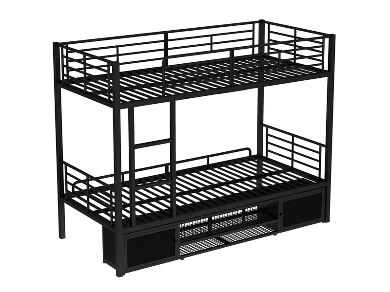  Lit superposé 90x200cm, structure en métal noir, échelle de côté, protection antichute, meuble à chaussures intégré  - Conforama A