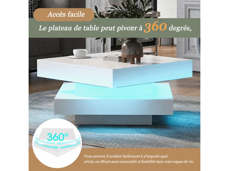 Table basse carrée blanche avec led, plateau rotatif 360°, 70 x 70 x 36 cm  - Conforama D