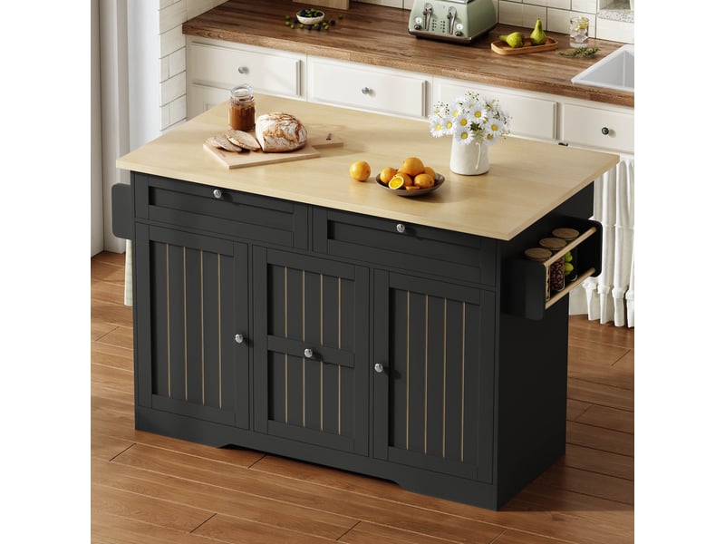  Îlot de cuisine mobile avec plateau pliant, desserte à roulettes verrouillables, tiroirs et rangement, noir, 120x70x92cm  - Conforama R