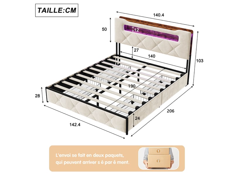  Lit 140x190, pocketpop, tête capitonnée led, 4 tiroirs, 2 usb + type-c, sommier à lattes, velours beige  - Conforama R