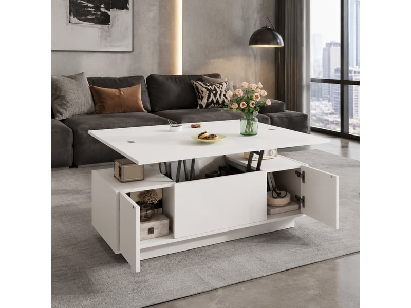  Table basse avec 2 plateaux relevables, rangement caché et 2 portes, pour salon, panneaux de particules, blanc, 100×50×43 cm  - Conforama B