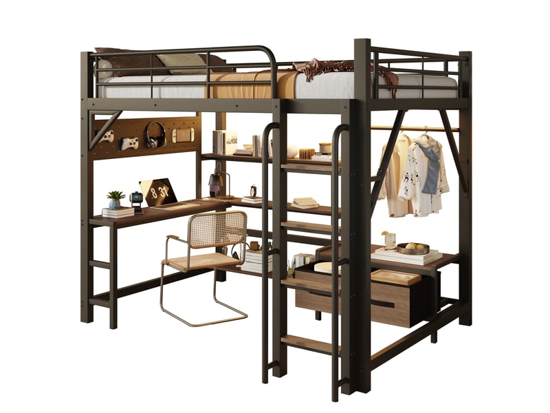  Lit mezzanine enfant 140x200 cm noir en métal et mdf avec bureau, rangements, led et usb, sans matelas  - Conforama A