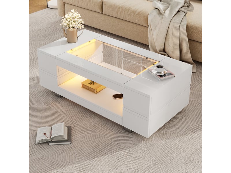  Table basse 100x50x35 cm avec led et plateau verre, blanc  - Conforama W