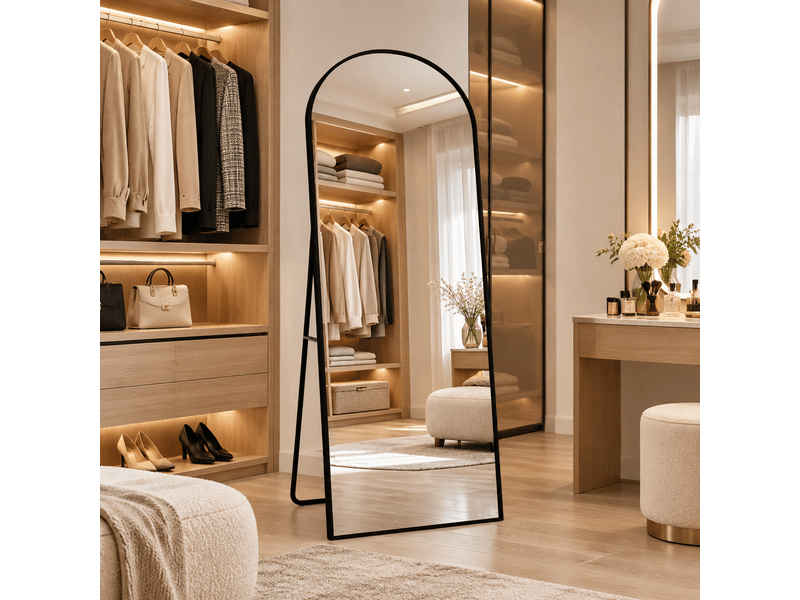  Miroir complet arqué 180 x 80 cm, miroir de sol avec support, miroir sur pied our chambre à coucher, salle de bain, entrée, couloir, noir  - Conforama E