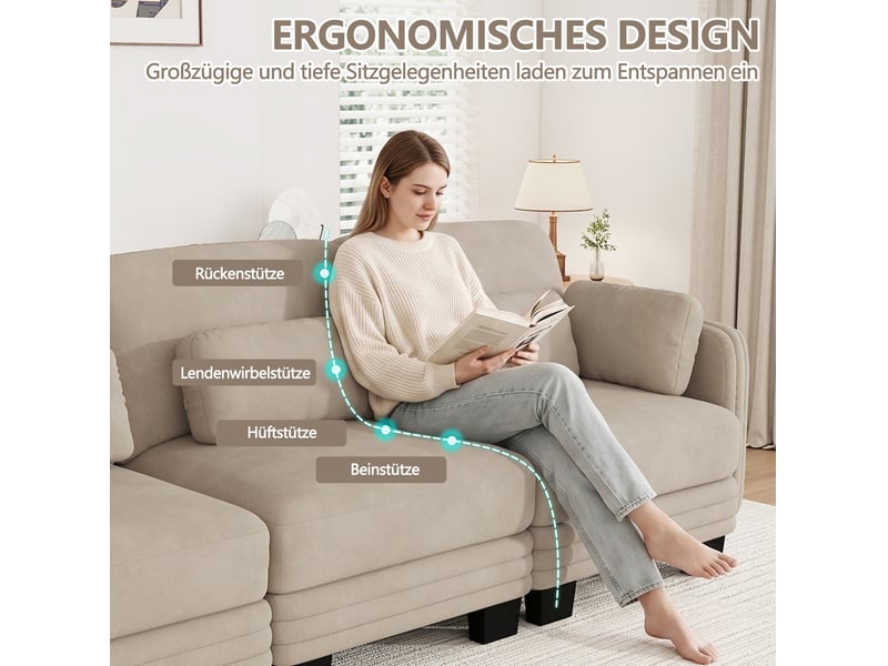 Canapé droit modulaire 4 places 330x88x88 cm, coussins lombaires, accoudoirs , design ergonomique, chenille café clair - Conforama D