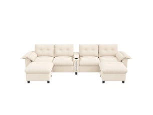 Canapé modulable 6 places en chenille beige, 312 cm, 2 poufs coffres et led