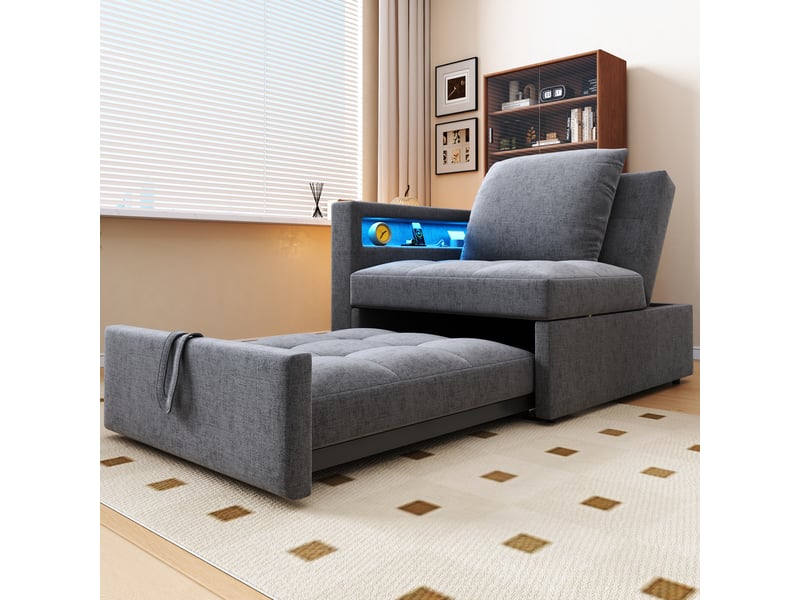  Canapé convertible 3 en 1 gris clair tissu lin avec led usb type-c dossier réglable et rangement tiroir intégré  - Conforama W