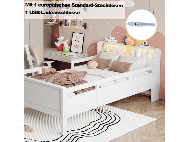  Lit enfant 90x200 cm en pin blanc avec tête de lit rangement et led  - Conforama W