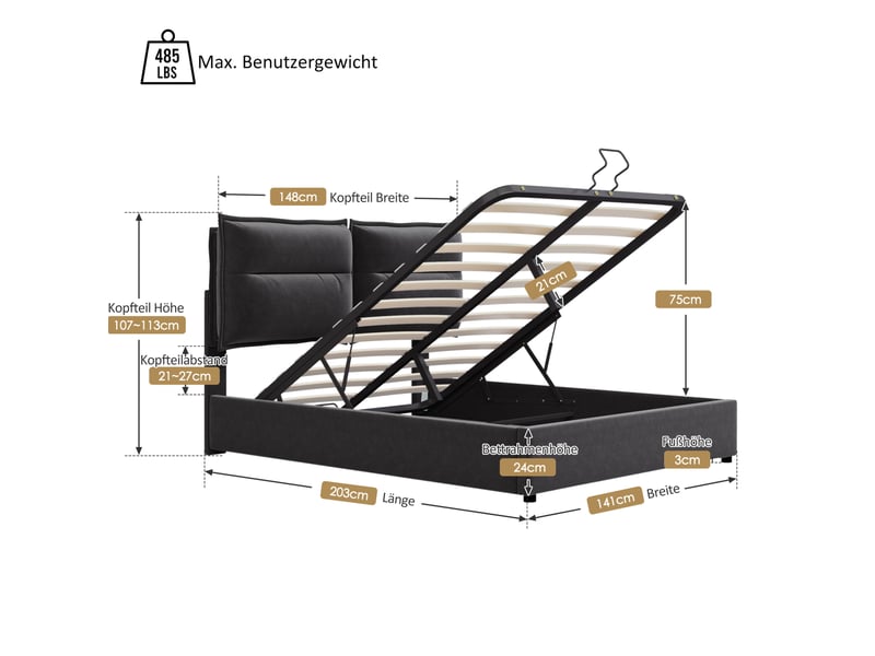  Lit coffre tcqpz 140 x 200 cm avec tête de lit réglable velours noir  - Conforama C