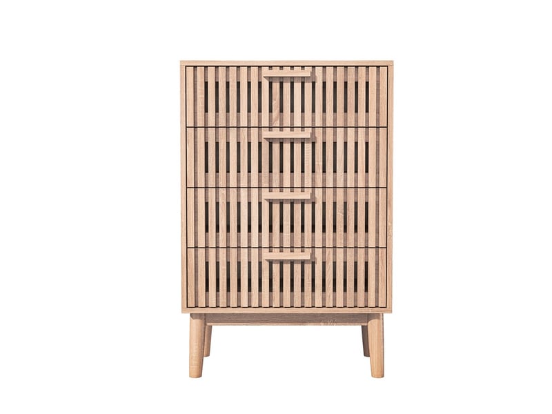 Commode 4 tiroirs 60 x 34 x 91 cm - meuble de rangement en bois avec façade rainurée - bois naturel - Conforama A
