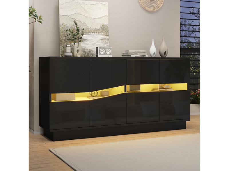  Buffet bas 4 portes avec led bluetooth 140x35x70 cm noir brillant  - Conforama B