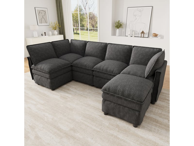  Canapé d’angle modulable u-l 5 places 190x130x85 cm, 2 poufs de rangement, led réglable, usbtype-c, 2 tiroirs, porte-gobelet, velours côtelé gris  - Conforama E