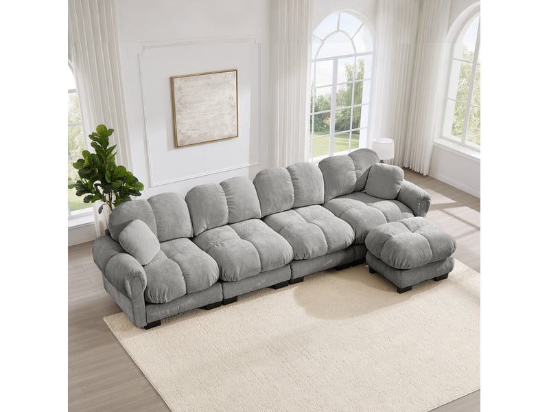  Canapé d'angle l modulable 4 places en tissu chenille gris clair, avec ottomane mobile, design à pas de velours fin, confortable et ergonomique  - Conforama B