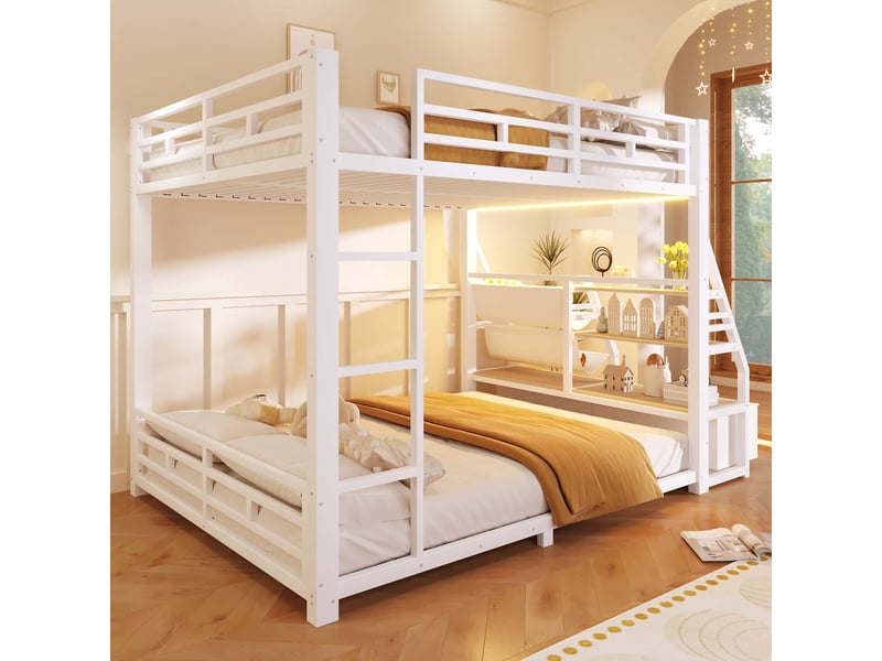 Lit superposé enfant, 140x200 cm, avec éclairage led latéral et étagères de rangement, structure en métal, blanc - Conforama D