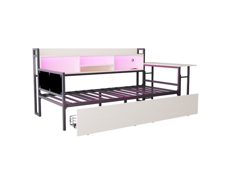 Lit enfant 90x200 cm, avec éclairage led, compartiment de rangement, 2 tiroirs, bureau rabattable, blanc, sans matelas - Conforama D