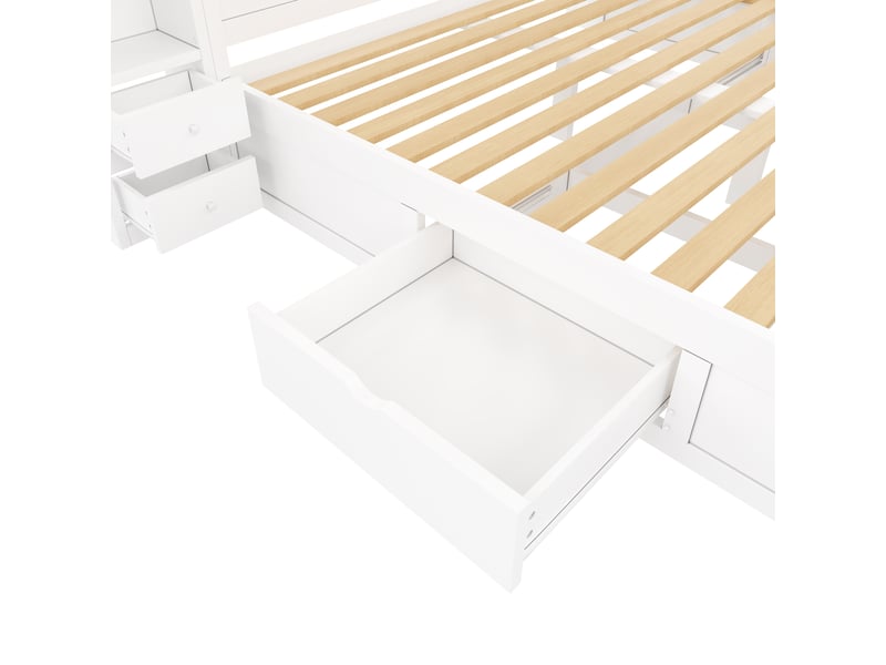  Lit plateforme 140 x 200 cm avec tête et pied de lit, 7 tiroirs, multiples rangements et éclairage led, blanc evarich - Conforama D