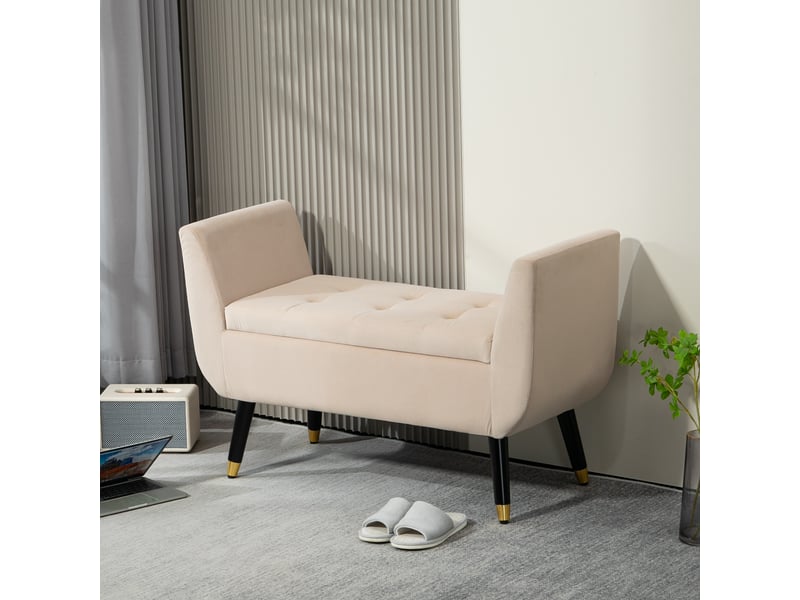  Banc rembourré beige avec accoudoirs et rangement intégré en polyester aspect velours et pieds en bois d'hévéa mesurant 107 x 42 x 65 cm  - Conforama B