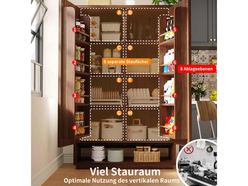 Meuble haut cuisine 100x40x162,5 cm marron foncé, armoire de rangement avec 8 niches ouvertes, 2 portes push-to-open, sécurité anti-basculement - Conforama E