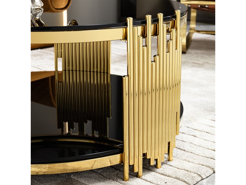  Table basse ronde en acier inoxydable et verre trempé avec rangement noir et or chicfurn  - Conforama E