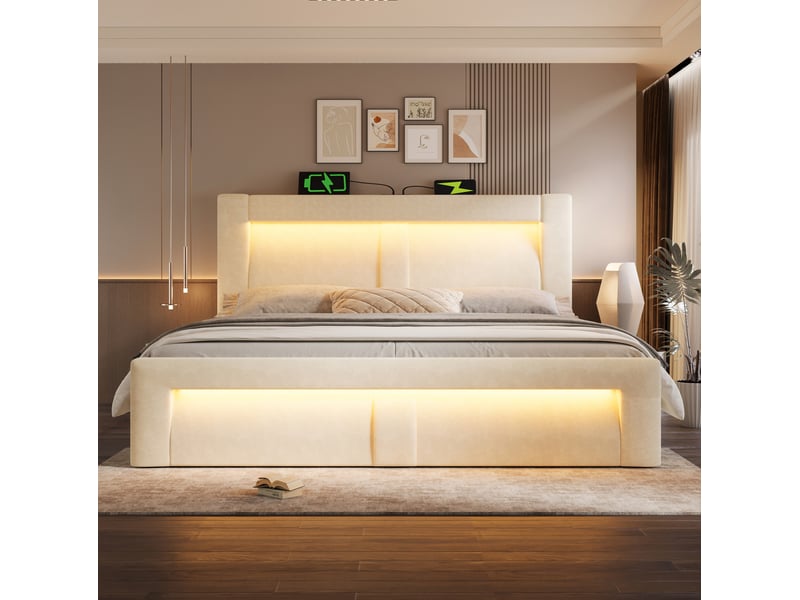 Lit double 160x200 cm avec rangement, beige en velours, led et ports usb type c, avec matelas - Conforama B