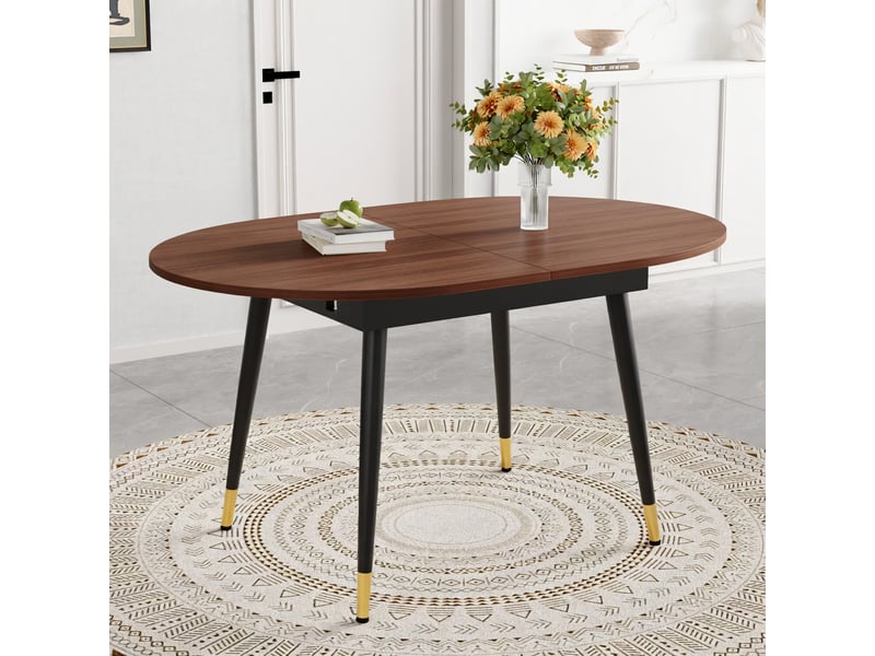 Table à rallonges, pouvant passer d'une forme ronde à une forme ovale, plateau en mdf rehaussé de touches dorées, couleur noyer  - Conforama B