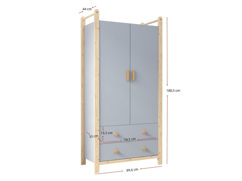 Armoire 2 portes modenvie avec penderie et 2 tiroirs 89,6 x 44 x 180,5 cm bleu et bois de pin  - Conforama C