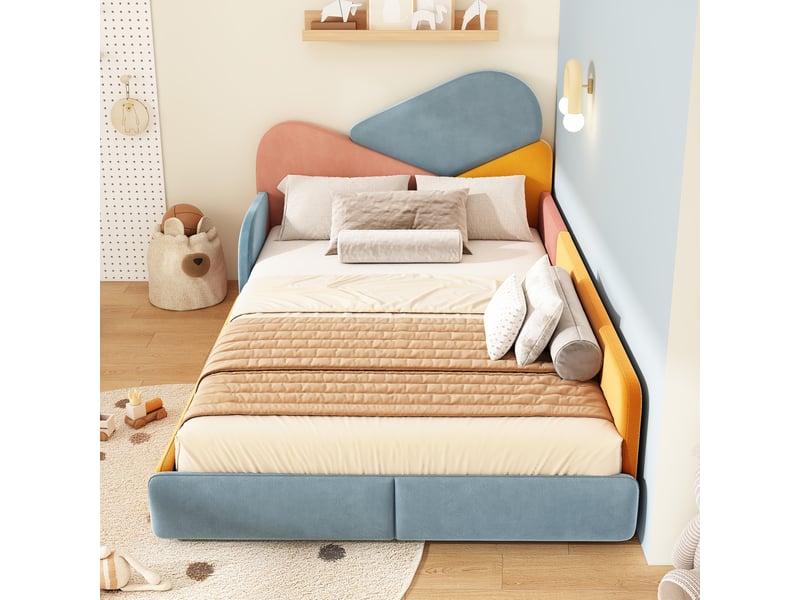  Lit enfant rembourré modenvie 140 x 200 cm multicolore en velours avec protection latérale surélevée  - Conforama E