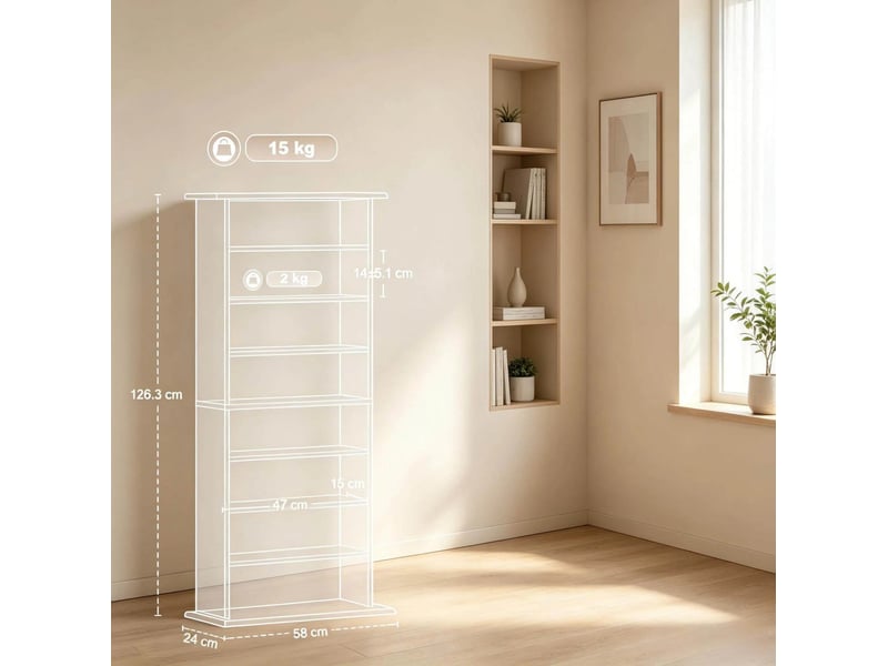  Meuble de rangement cd dvd 58x24x126,3 cm 8 compartiments, 6 tablettes réglables panneau de particules noir  - Conforama E