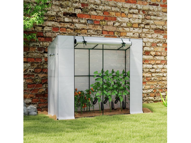 Serre adossée 200 x 76 x 170150 cm, en acier, blanche, avec porte enroulable et 2 fenêtres, protection uv  - Conforama B