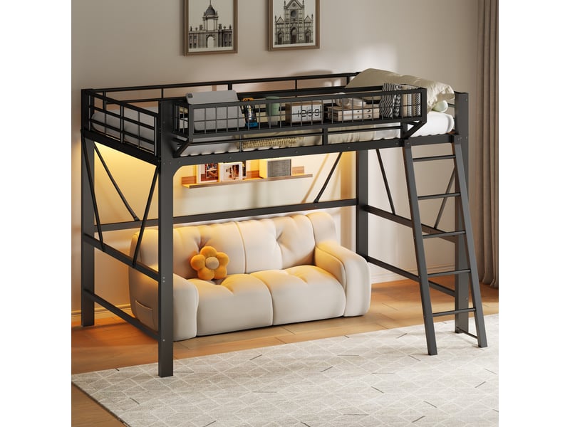  Lit mezzanine 140x200 cm avec panier de rangement métal led noir  - Conforama D
