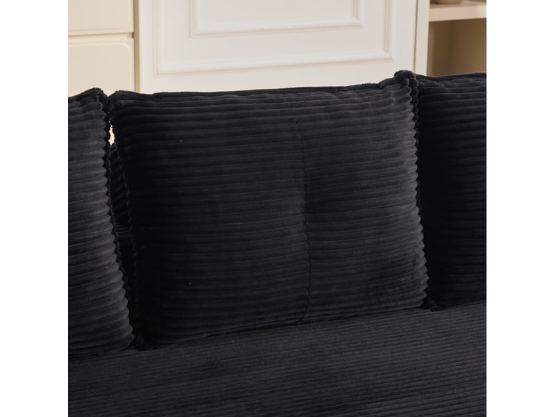  Canapé convertible 3 places en velours côtelé noir avec poches, porte-gobelets et coussins mémoire de forme  - Conforama E