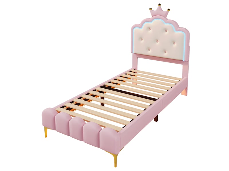  Sommier 90x200 cm simili cuir rose led avec télécommande – style princesse – sans matelas  - Conforama A