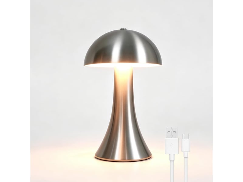  Lampe de table métal sans fil, design champignon – rechargeable usb, variateur tactile, vintage, pour intérieur et extérieur-argent  - Conforama A