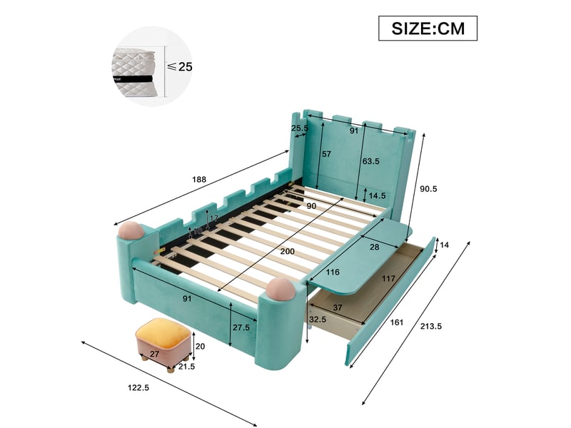  Lit enfant simple 90×200 cm, tiroir, tablette rabattable et bords rembourrés - okmyhome- sans matelas bleu vert  - Conforama D