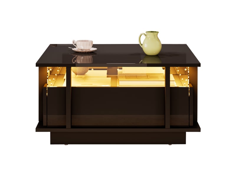  Table basse carrée avec 2 tiroirs et éclairage led, finition brillante, en panneau de particules, noir 70 × 70 × 35 cm  - Conforama A