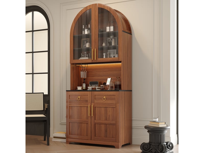  Buffet haut vitrine 80x40x180 cm finition noyer, led réglable par appli, prises et ports usb, 2 portes vitrées, 2 tiroirs, niche ouverte en arche  - Conforama B