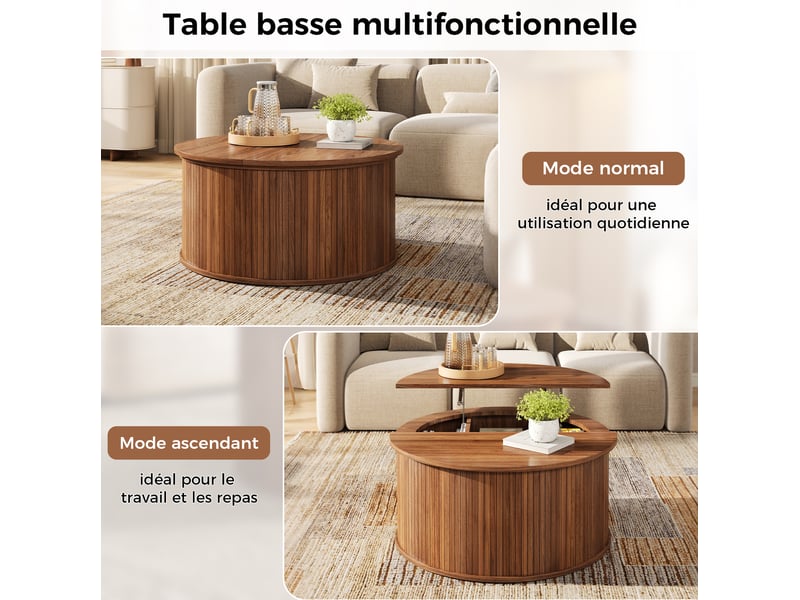  Table basse ronde relevable avec plateau ouvrant et rangement, finition noyer, pour salon, 88 × 88 × 53,5 cm  - Conforama E