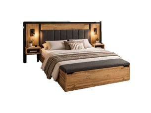 Lit double rembourré 160x200 avec chevets intégrés, lampes de lecture tactiles, ports usb et usb-c, banc coffre, sommier, mdf coloris chêne