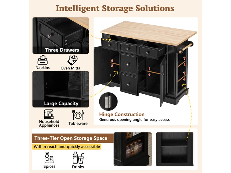 Îlot de cuisine 130,5x40-65x92 cm, plan rabattable, prises, desserte, 5 tiroirs, rangement, meuble cuisine, mdf noir - Conforama D