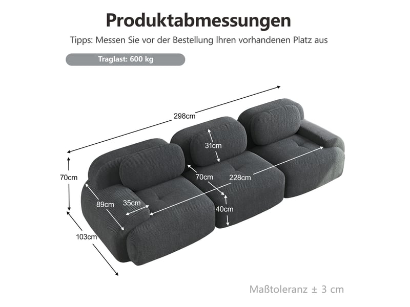 Canapé modulable modenvie 3 places sans cadre en velours côtelé gris 298 x 103 x 70 cm - Conforama C