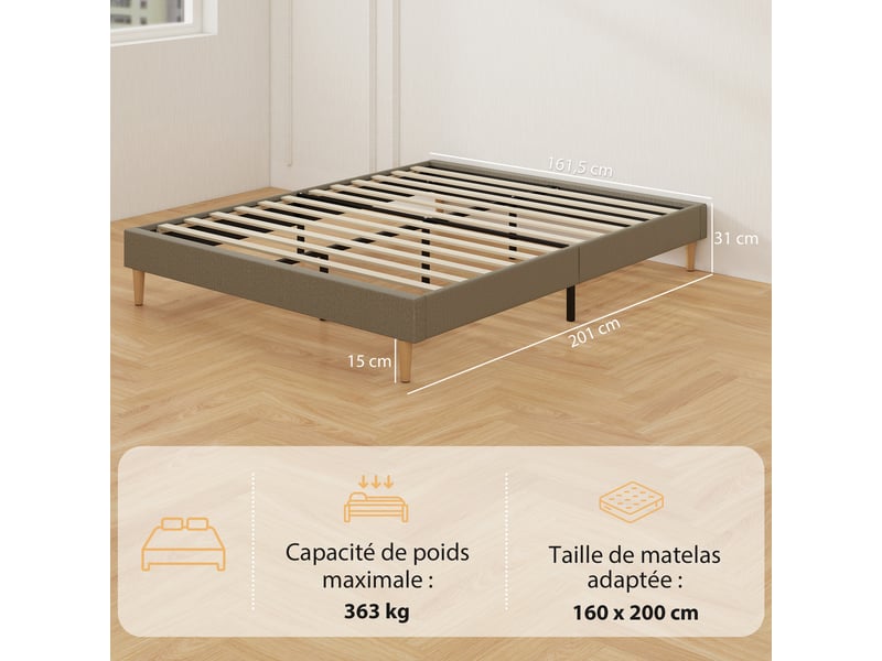  Cadre de lit 160 x 200 cm avec sommier à lattes en bois, lit double rembourré en velours côtelé, gris  - Conforama C