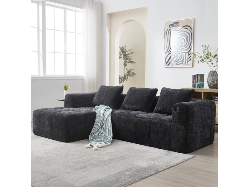  Canapé d'angle 3 places en chenille noir avec méridienne, accoudoirs et 3 coussins inclus  - Conforama B