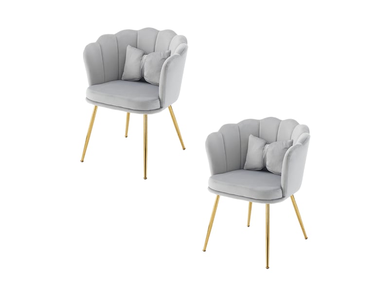 Lot de 2 fauteuils rembourrés en velours à dossier pétale avec coussins et pieds métalliques dorés, gris - Conforama A