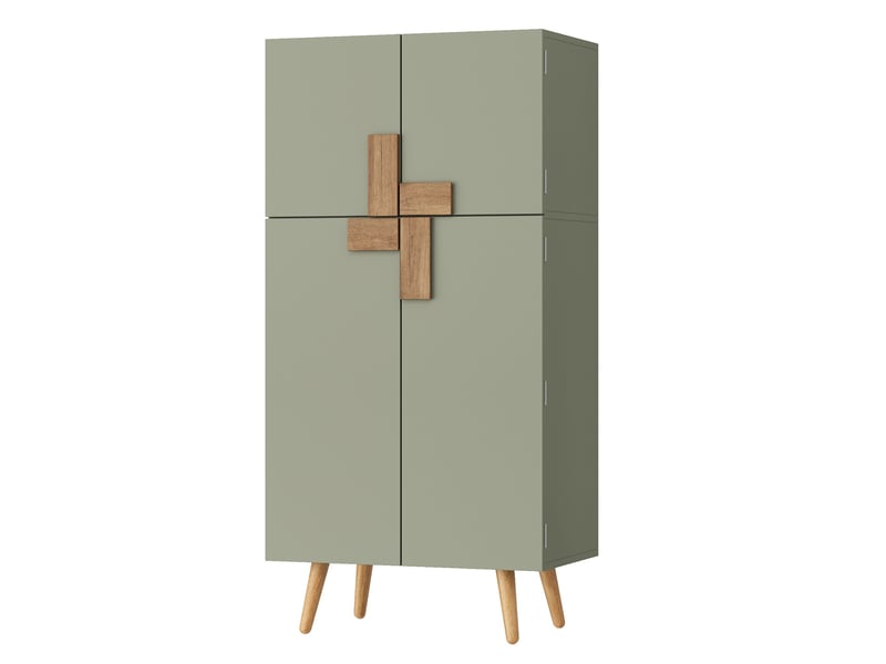 Armoire haute de cuisine 60x35x120 cm avec 4 portes, grand rangement, étagères réglables, rangements de porte, façades géométriques, mdf vert - Conforama A