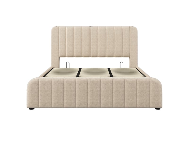  Lit coffre rembourré 180x200 cm beige lin tête dorée usb type c hydraulique avec matelas  - Conforama A