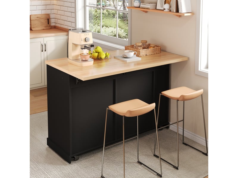  Îlot central cuisine sur roulettes, plan de travail rabattable, desserte avec meuble poubelle et épices, 120x70cm  - Conforama E